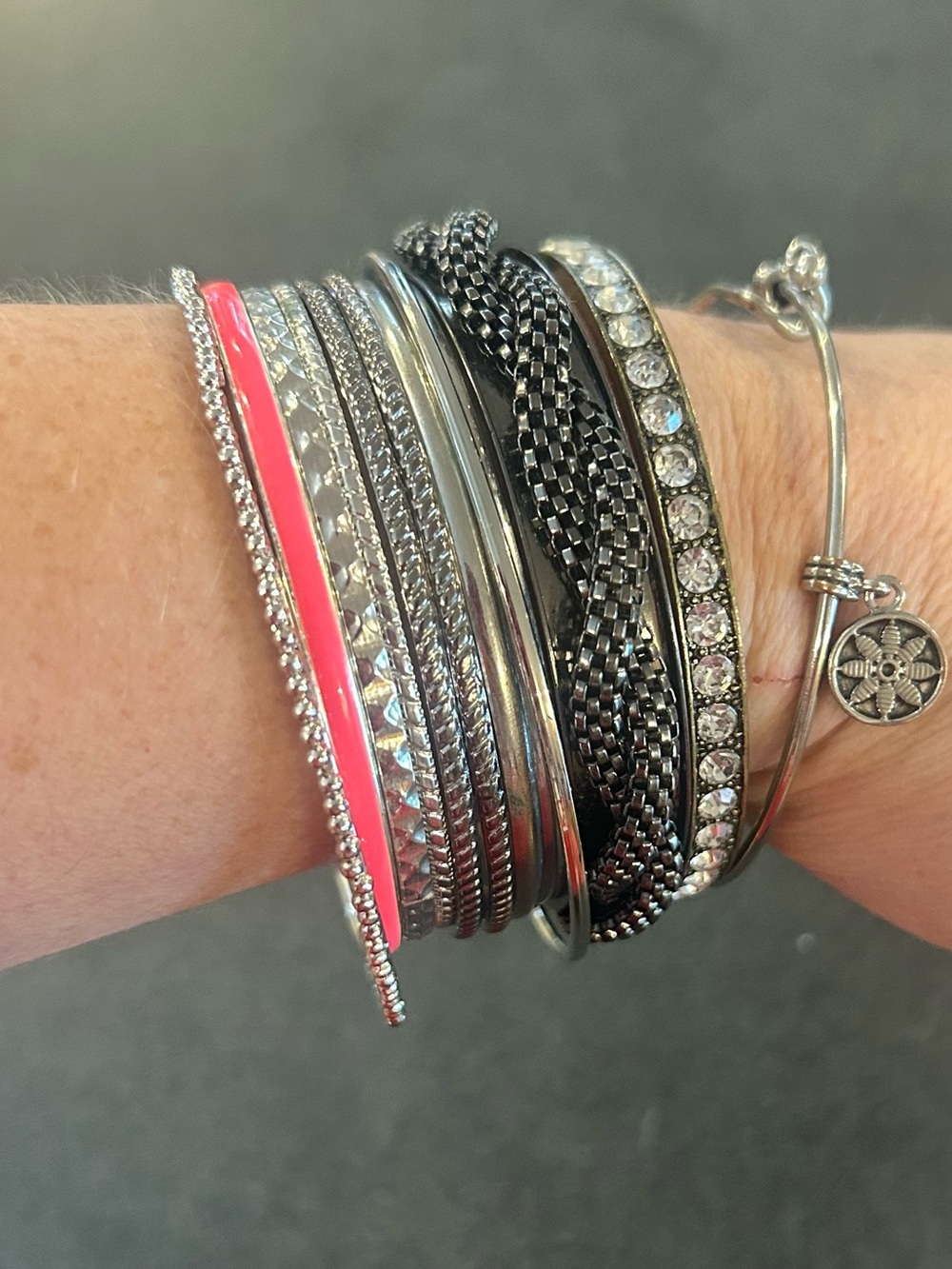 Stacked Silver and Pink Multi-Texture Bangle Bracelet Set